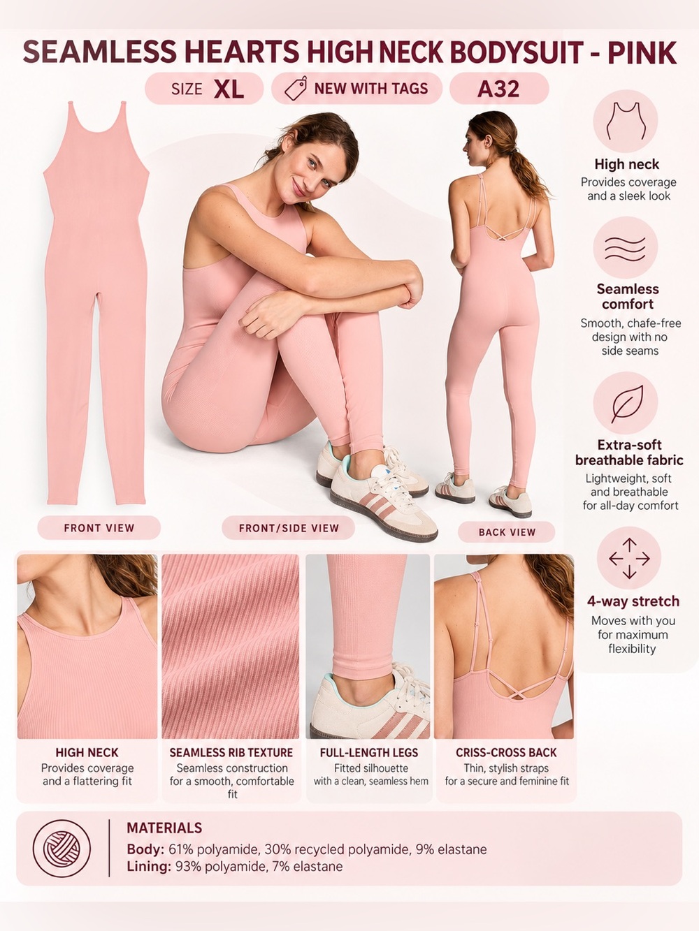 PINK SEAMLESS HIGH NECK FULL-LENGTH BODYSUIT – PINK SIZE XL (NEW WITH TAGS) A32